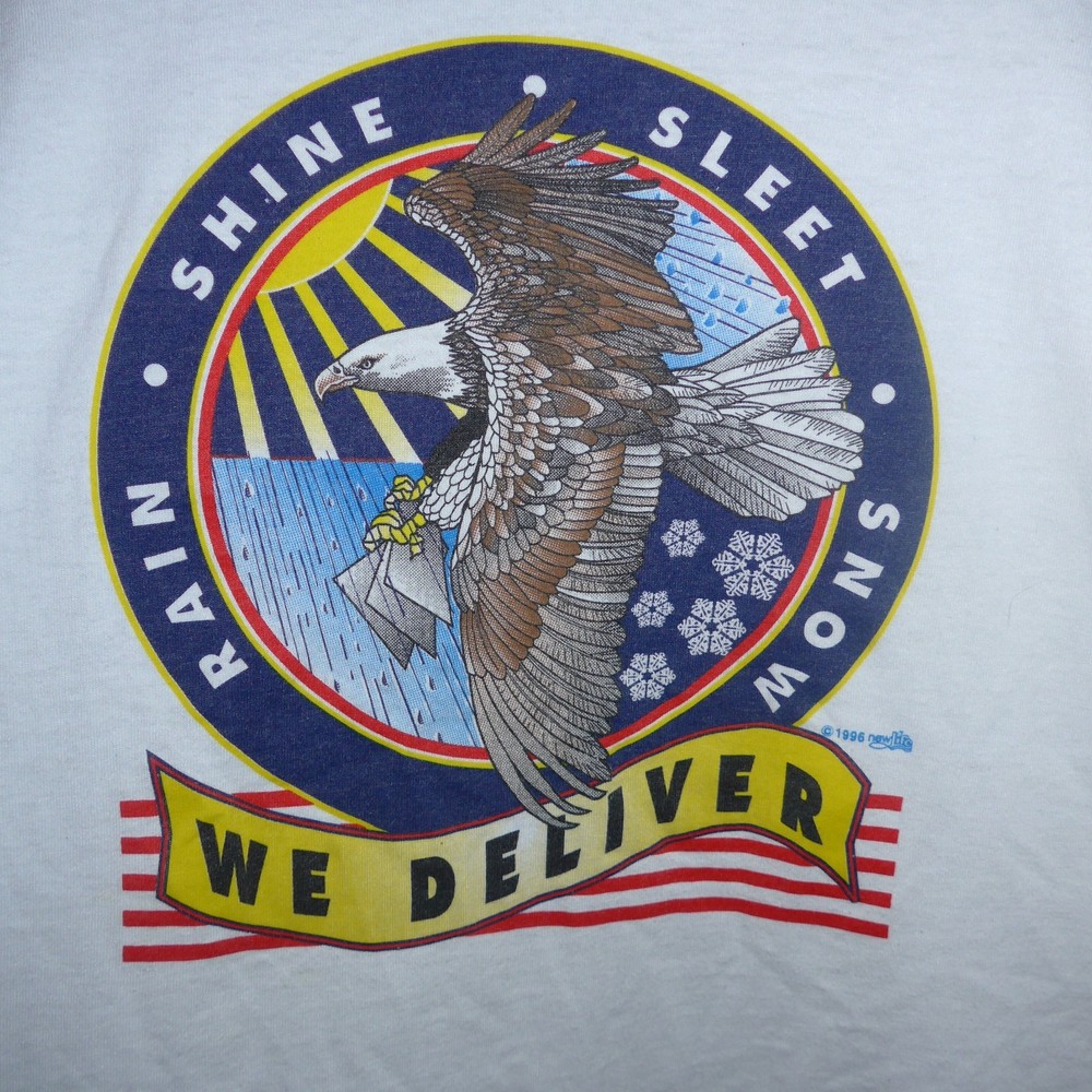 Vintage 1996 USPS Stamp Design T Shirt White Size Large Rain Snow Sleet Shine