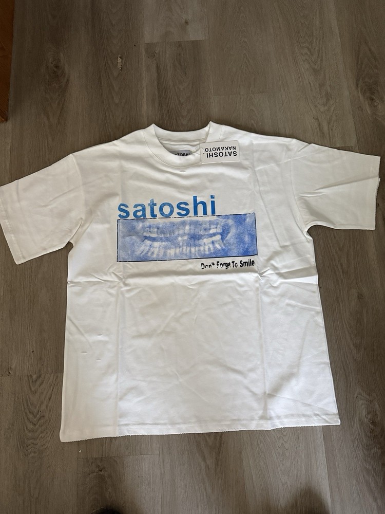 Satoshi Nakamoto Graphic Logo Men’s T-Shirt White Cotton Crew Neck L