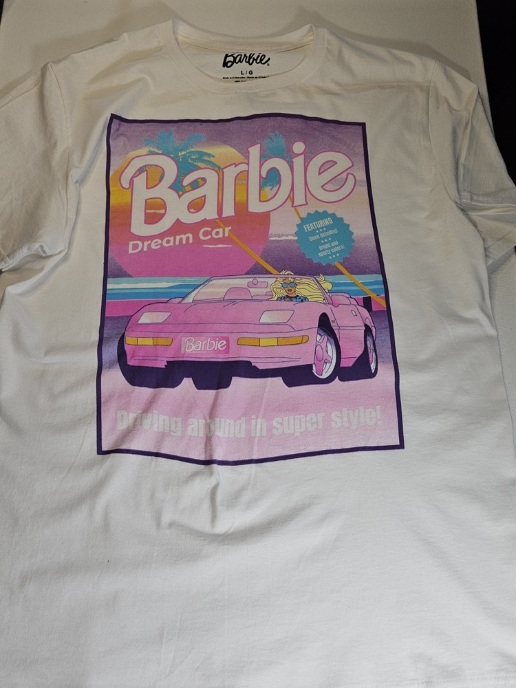 Barbie T-shirt Mens Large Crew‎ Neck Tee Barbie White Pink Purple Graphic Design