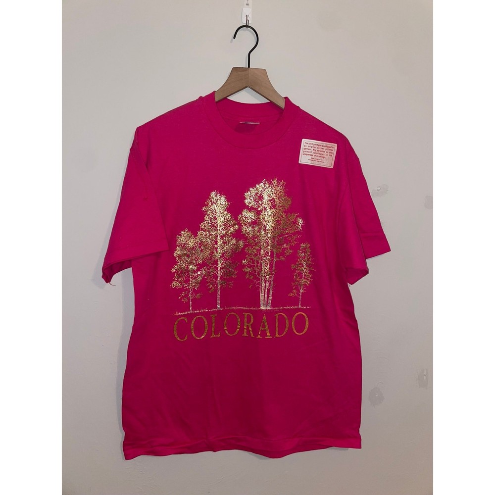Vintage Colorado Tree Shirt Gold Trees Single Stitched Pink Tee VTG 90s Large