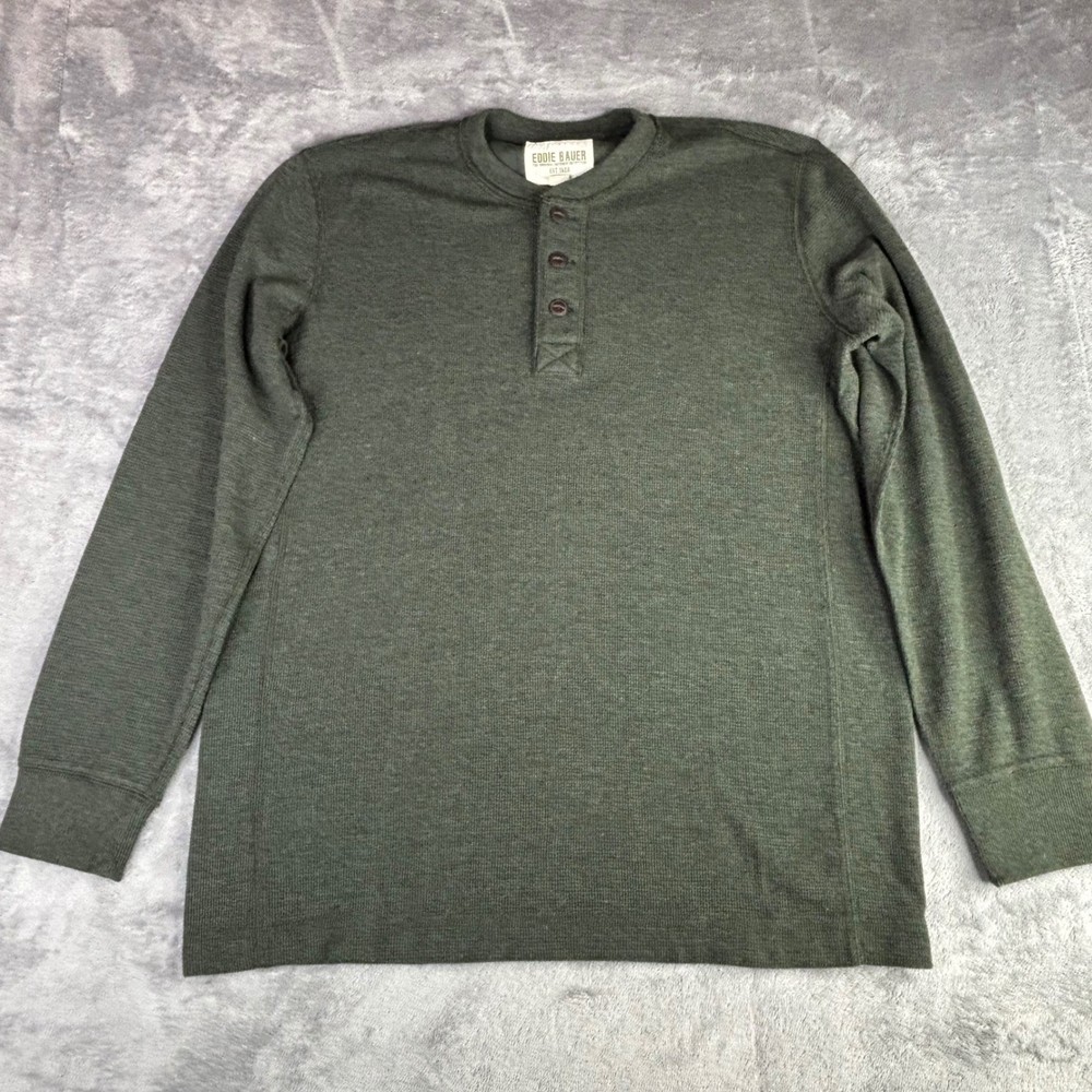 Eddie Bauer Henley Men TL Olive Green Waffle Knit Long Sleeve Cotton Blend