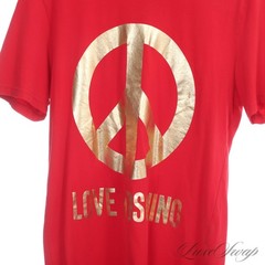 Love Moschino Made in Turkey Cherry Red Gold Foil Big Peace Logo Tee Shirt XL