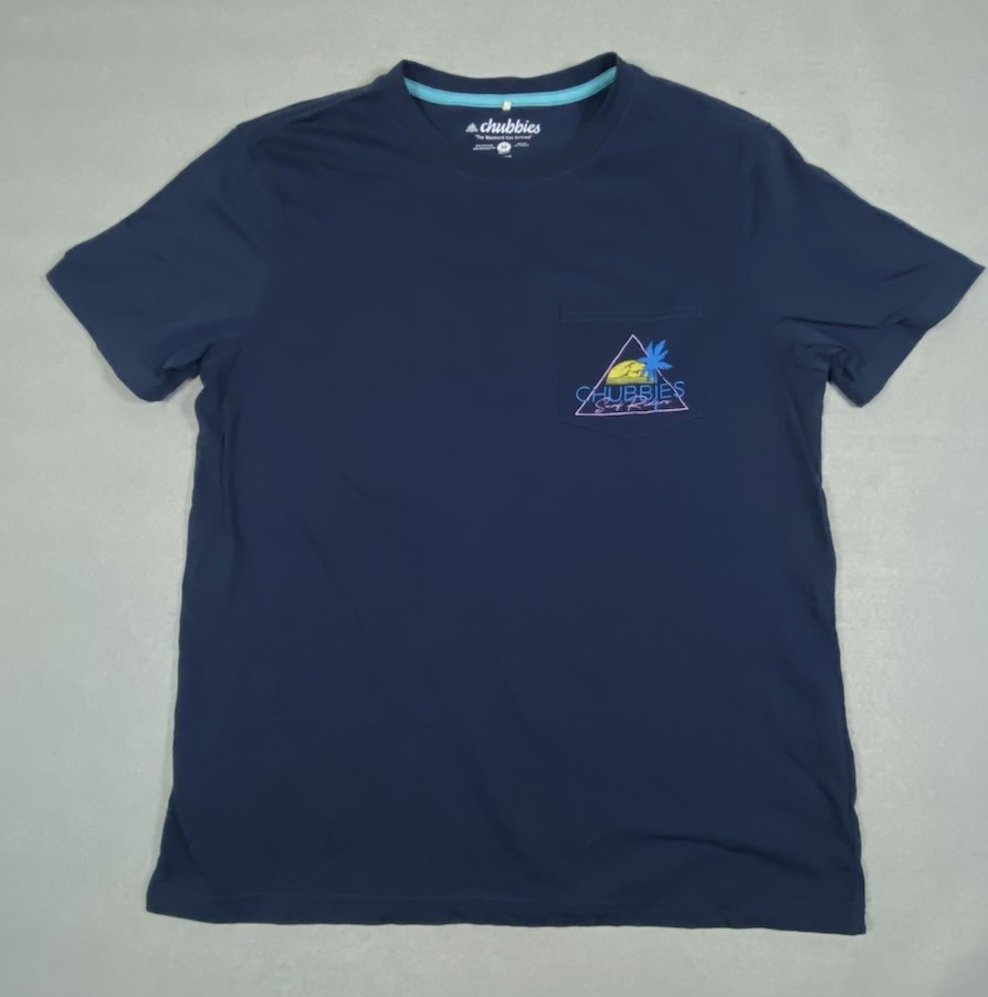 Chubbies Men’s Navy Blue Surf Riders Tee Size Medium Color Block Neon Boat