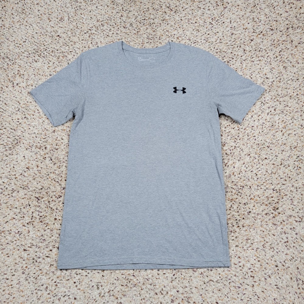 Under Armour Shirt Mens Small Gray Black Logo Heatgear Athletic Outdoors A7*