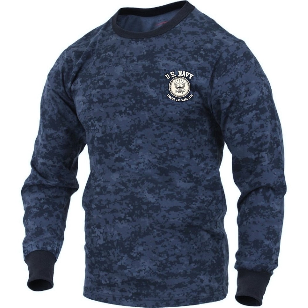 US Navy KICKING ASS Since 1775 Long Sleeve Blue Digital Camo T-Shirt USN Veteran