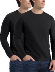 Men’s 2 Pack Long Sleeve Soft Casual Cotton Crew Neck Shirts (Black, Large)