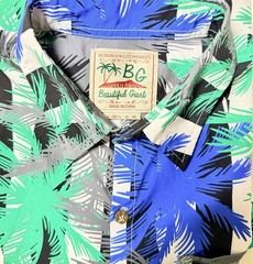 Beautiful Giant Blue/Green Tropical On black/white Stripe Men’s Shirt M Hawaii