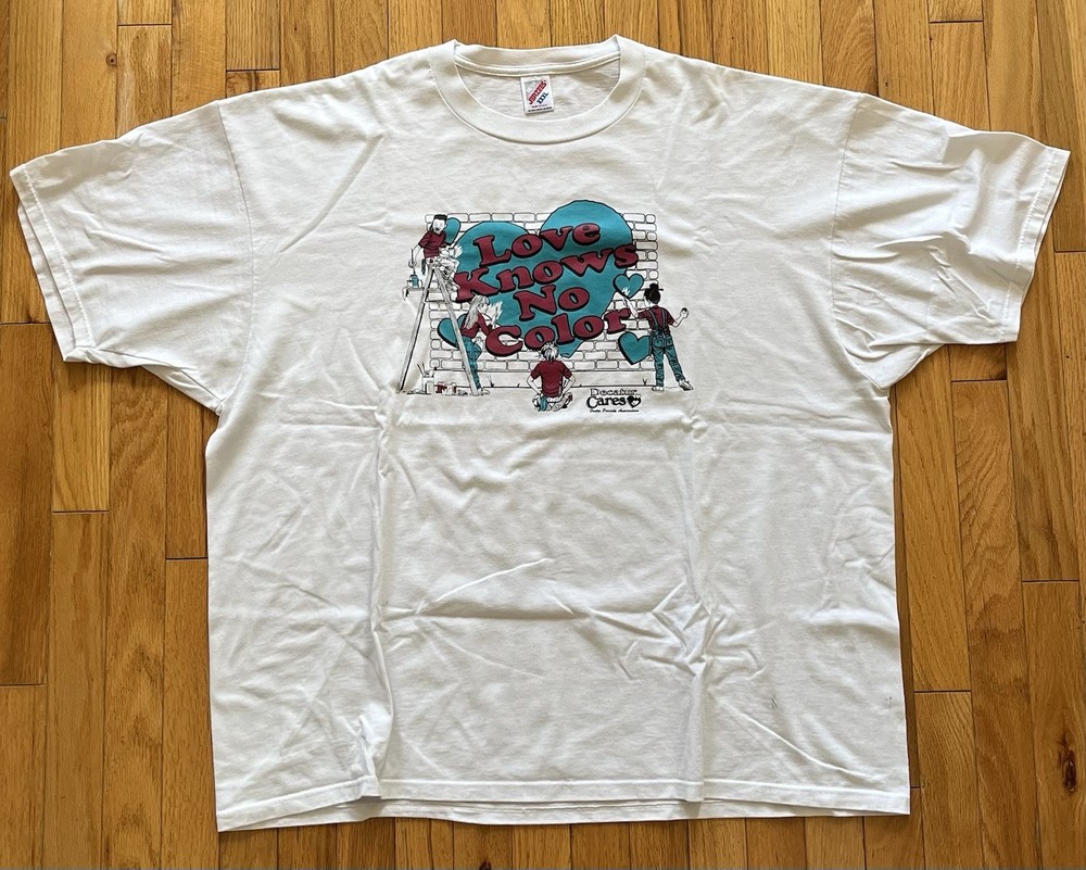 VTG Love Knows No Color Decatur Cares Single Stitch T Shirt Teal XXXL USA 90s GA