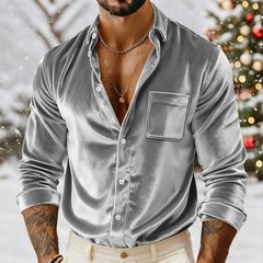 Men’s Velvet Shirt Casual Slim Shirts Long Sleeve Button Down Tops Blouse