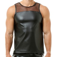 Mens Stretchy Faux Leather Tank Tops Vest Muscle Undershirts Sleeveless Clubwear