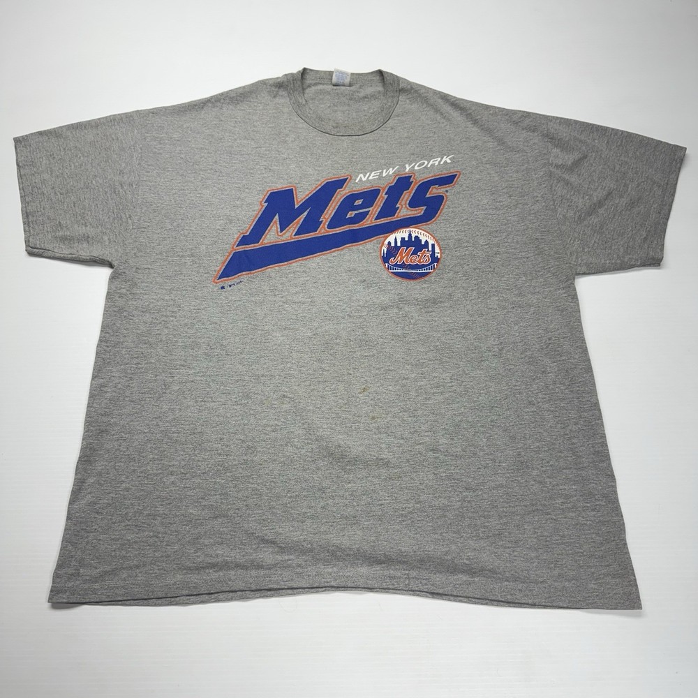 Vtg 2000 Russell Athletic MLB NY Mets Mens Shirt 2XL Gray Spellout Logo Sports
