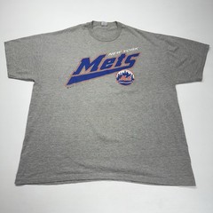 Vtg 2000 Russell Athletic MLB NY Mets Mens Shirt 2XL Gray Spellout Logo Sports