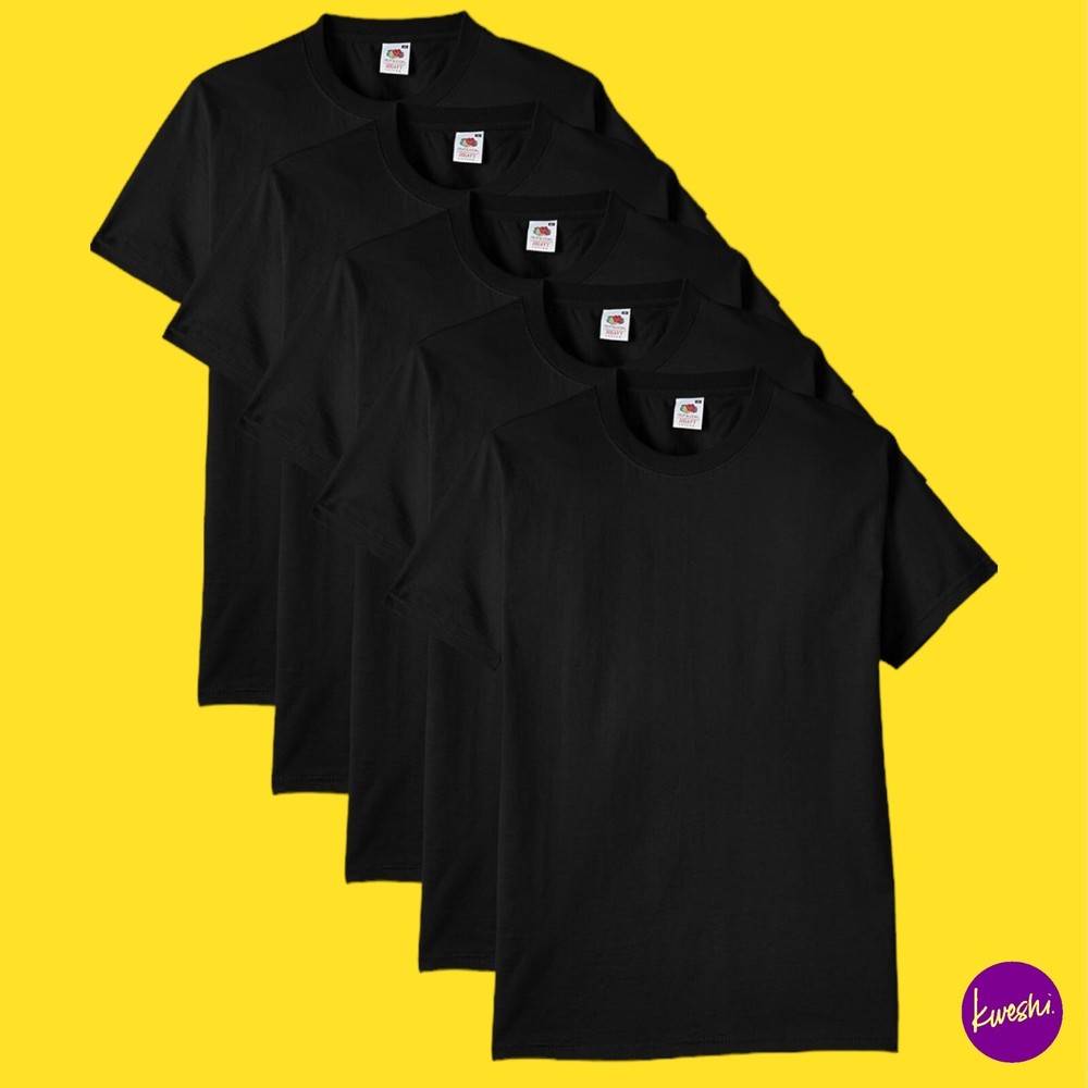 FRUIT OF THE LOOM Men’s Crew Neck T-Shirts, Set of 5, Cotton, Black, UK S | EU S
