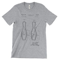Bowling Pin Patent T-Shirt.100% Cotton Comfy Tee on Black White or Gray. NEW