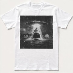 Funny Shark Abduction T-Shirt UFO Alien Vintage Art Sci-Fi Graphic Tee S-5XL