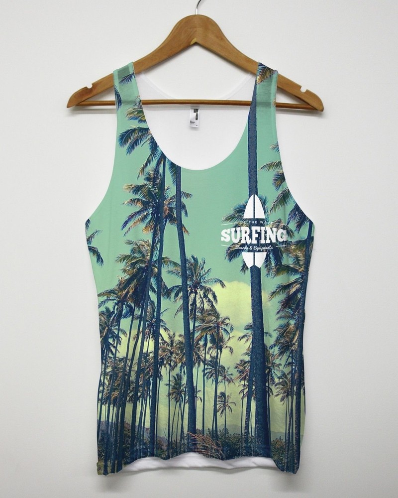 Surfing Logo Palm Tree All Over Vest Tank Top Surfer Skater Mens Summer Women