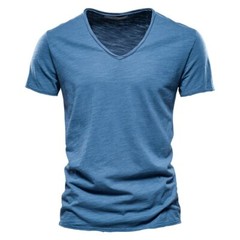 Cotton Men T-shirt V-neck Short Sleeve Fashion Slim Fit Soild T-shirts Tops Tees