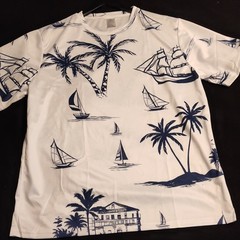 Men’s XL White/Blue Beach Tropical Sailboat Palm Tree Graphic Crewneck Tee