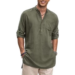 COOFANDY Men Linen Henley Shirts Long Sleeve Collarless T-Shirts Longline