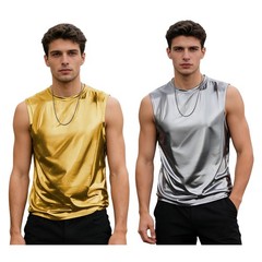 Men Shirt Outfit Sports Undershirts Tank Shiny Metallic Glossy Hip Hop Running