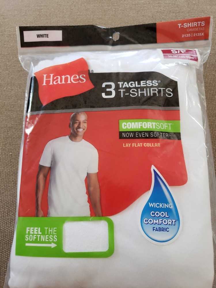 NEW MENS HANES 3 TAGLESS T SHIRT SIZE SM. WHITE LAY FLAT COLLAR.