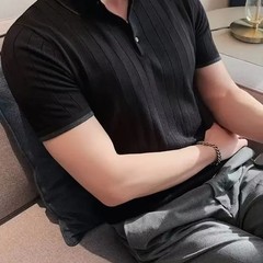 Plain Striped Black Male Polo Shirts Skinny Short Quarter Sleeve Casual Party Ch