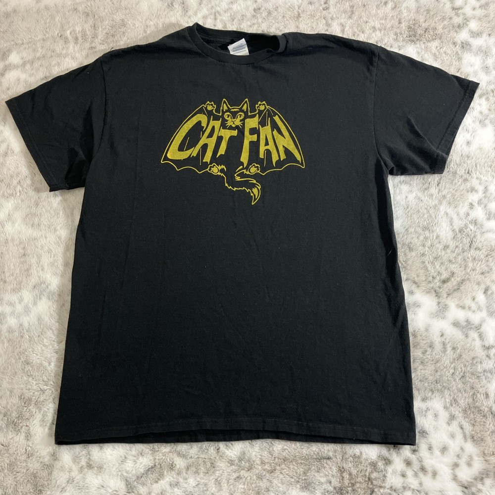 Vintage Cat Fan Bat Man T Shirt Stitch Large Rare Kitty Kitten Y2K Flying Black