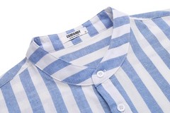 Men’s Cotton Hemp Long Sleeve Casual Beach Henley Shirt(Blue White Striped,L)