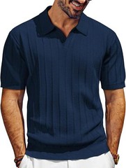 Mens V-Neck Polo Shirt Knit Textured Breathable Summer Casual Top