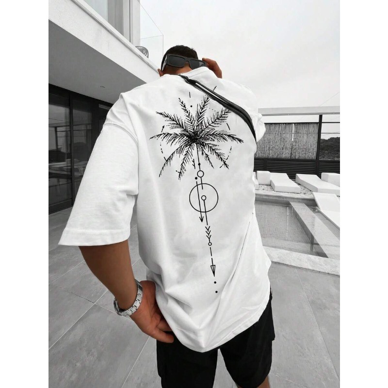 Fractyr Men’s Geometric Palm Tree Double Print Oversized Tee, White Streetwear​
