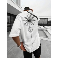 Fractyr Men’s Geometric Palm Tree Double Print Oversized Tee, White Streetwear​