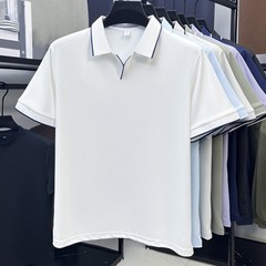 Men Contrast Trim Short Sleeve Lapel V Neck T Shirt for Business Casual Use