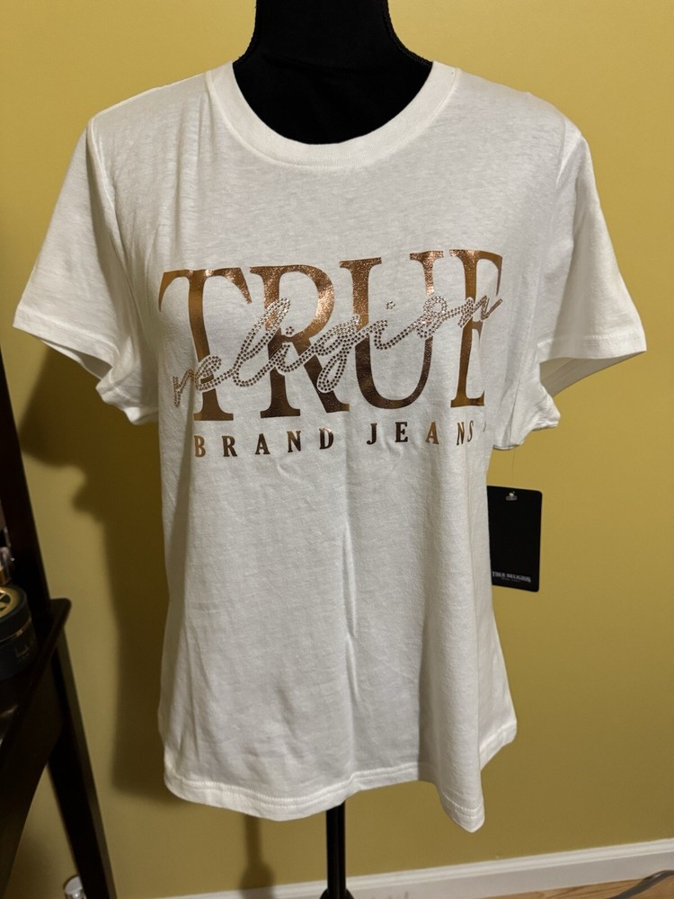 True Religion Brand Jeans White T-Shirt with Front Metallic Logo XL NWT