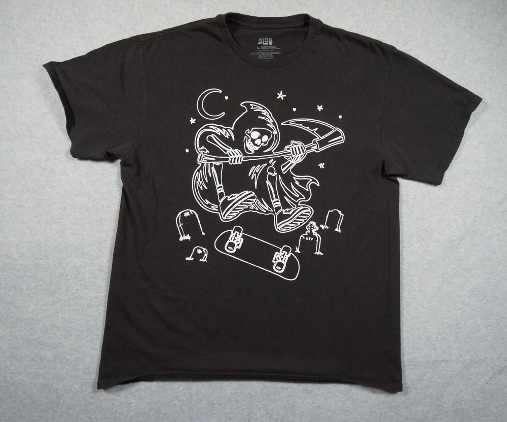 aLab Shirt Mens Large Black Skateboard Tee Streetwear Grim Reaper Skull Skeleton