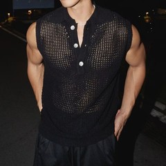 Mens Summer Top Gym Workout Men Knitted Tank Knitted Fabric Hollow Design