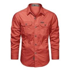 Men’s Long-Sleeve Western Shirts Cotton Button-Up Military Style