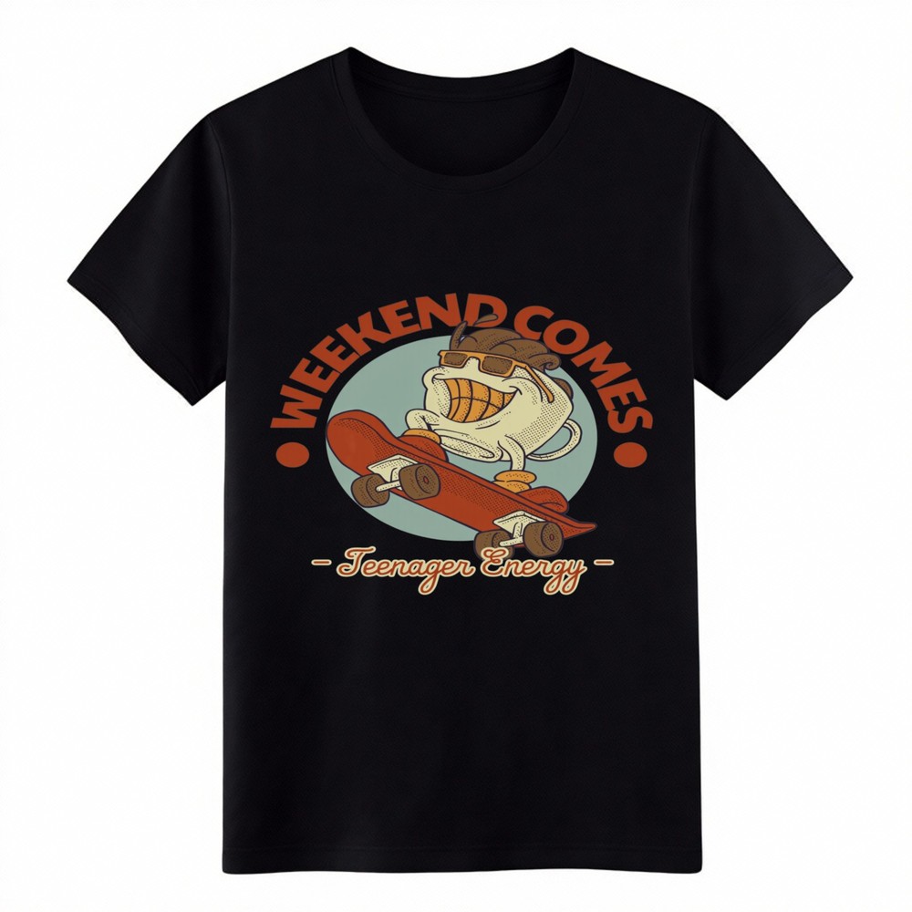 Vintage Weekend Skater Graphic T-Shirt, Funny Coffee Character Casual Tee