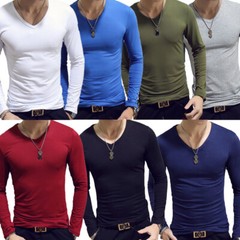 Mens Long Sleeve V-Neck T-shirt Stretch Undershirt Casual Solid Slim Fit Tops