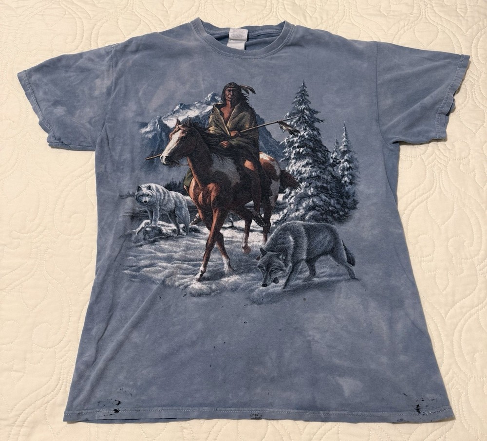 Native American Wolf Vintage Men’s Shirt Back To Earth Tie Dye Blue1990s *READ