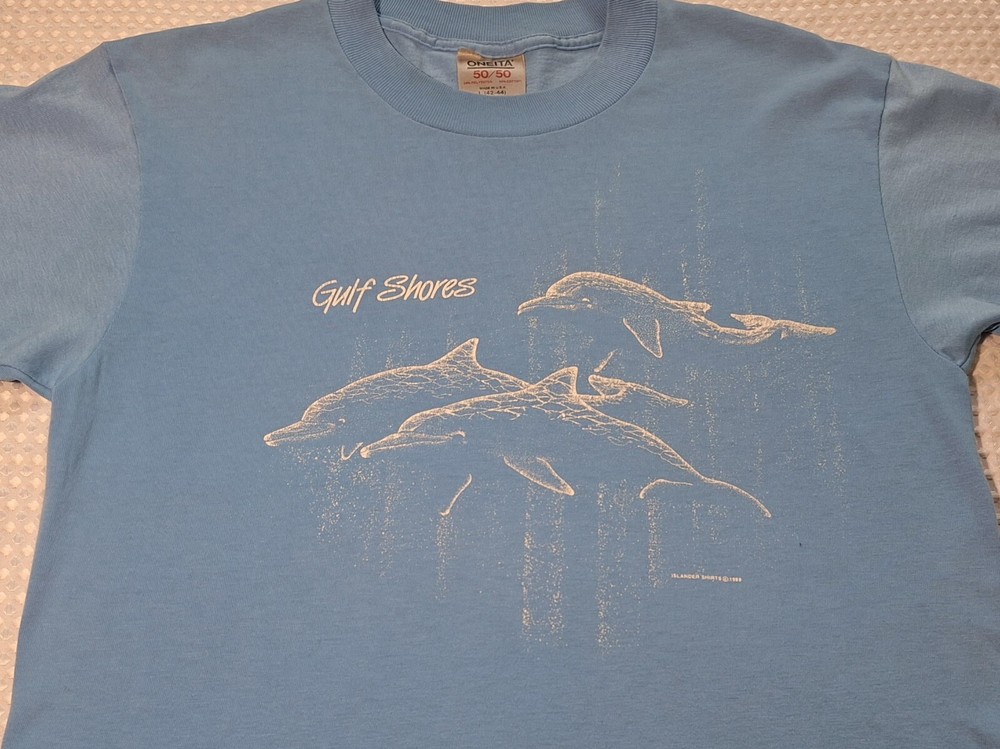 Vintage 1988 Dolphins Gulf Shores Souvenir Blue T-shirt Size L Oneita USA
