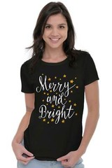 Merry And Bright Christmas Holiday Xmas Gift Womens Short Sleeve Ladies T Shirt
