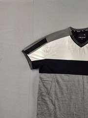 Stone Falcon Men Shirt XL Gray Striped Short Sleeve V Neck Casual Relaxed Fit
