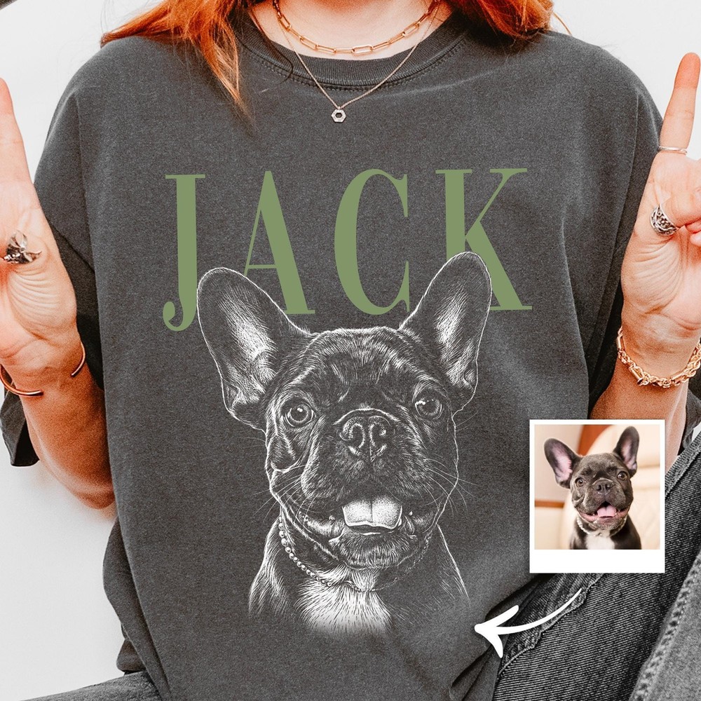 Personalized Dog Portrait Shirt Custom Pet Photo Sketch T-Shirt with Name