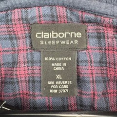 Claiborne Sleepwear Mens XL Long Sleeve Henley Shirt 100% Cotton Blue Plaid
