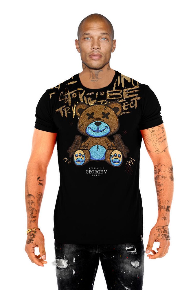 Avenue George V Paris Short Sleeves Black T-shirt Rhinestone Golden Teddy bear