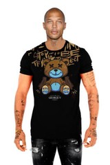 Avenue George V Paris Short Sleeves Black T-shirt Rhinestone Golden Teddy bear