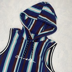 NYC Brooklyn Hooded Sleeveless T Shirt Medium Multicolor Striped Drawstring