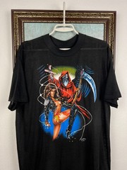 Vintage 80’s 3D Emblem Graphic Biker Reaper Sexy Tee Shirt Black Mens Rare Sz XL