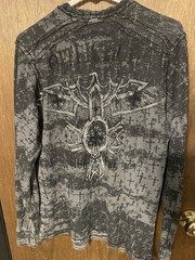 Affliction Live Fast Thermal Shirt Mens L Gray Flocked Cross Distressed Y2K