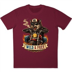 Wild & Free Wolf Biker Motorcycle Chopper Flames Funny Animal Graphic T-Shirt.